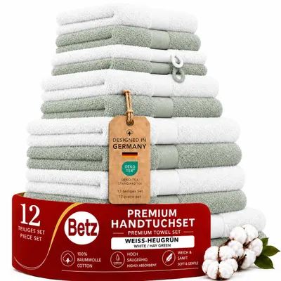 Produktbild von Betz 12-tlg. Handtuch-Set PREMIUM 2 Duschtücher 4 Handtücher 2 Gästetücher 2 Seiftücher 2 Waschhandschuhe  Farbe: weiss / heugrün, KI-generiertes Bild