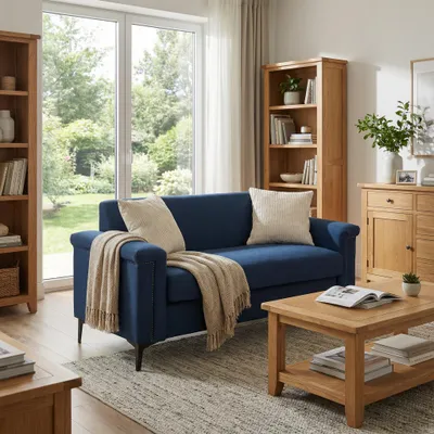 Produktbild von MODFU Zweisitzer-Sofa Loungesofa mit Rückenlehne und Armlehnen Polstermöbel Wohnzimmersofa mit Metallbeinen Massivholzrahmen komfortables Design Blau