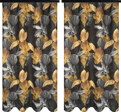 Two curtains with a tropical leaf pattern are displayed side-by-side.