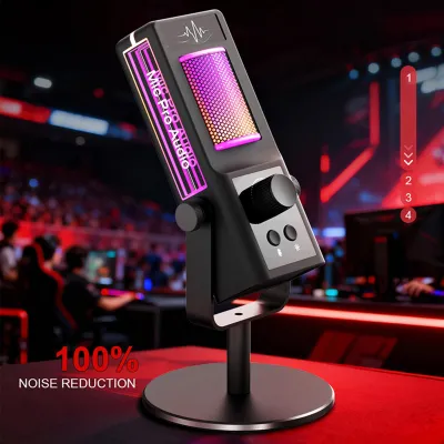 Produktbild von USB-Kondensatormikrofon mit RGB-Beleuchtung, Ständer, Typ-C-Anschluss, Plug-and-Play-Funktion und Rauschunterdrückung für Live-Streaming, Aufnahmen, Gaming und Karaoke