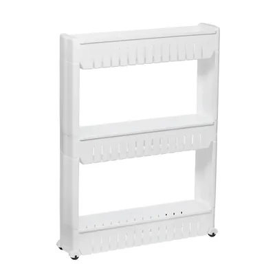 A white three-tier rolling storage cart with a narrow design.