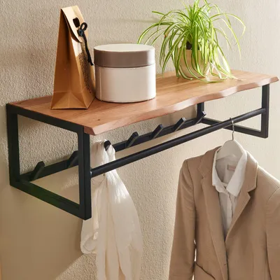 Produktbild von WOHNLING Design Wandgarderobe Akazie Massivholz / Metall 80x22x33 cm Hakenleiste mit Ablage und Kleiderstange Flurgarderobe Garderobe Wand Holz