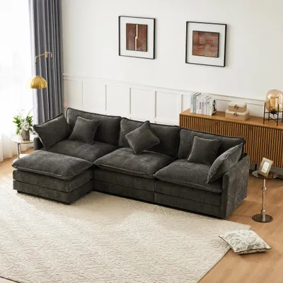 Produktbild von L-förmiges Ecksofa Chenille Dreisitzer mit Fußstütze Lendenkissen, 283x147x84 cm dunkelgrau