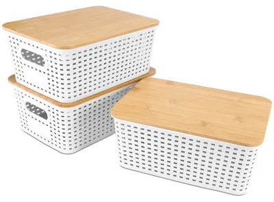3 Aufbewahrungsboxen mit Bambusdeckel, Kunststoff, stapelbar