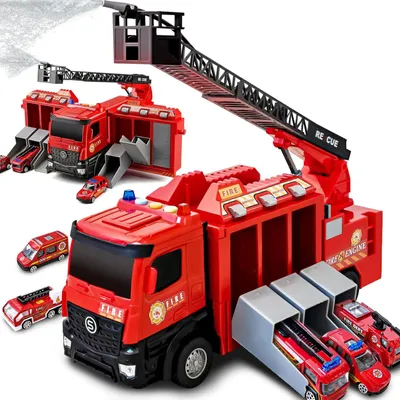 Produktbild von MODFU Spielfahrzeuge, Feuerwehr Spielzeug Auto Kinder, Sprühfunktion Wasserspritze, Multifunktionales Rettungsfahrzeug mit Licht & Sound, Renn- & Einsatzfahrzeug, Kinder Feuerwehrwagen Geschenk
