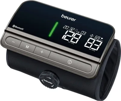 A close-up shot of a Beurer BM 81 easyLock blood pressure monitor on a white background.