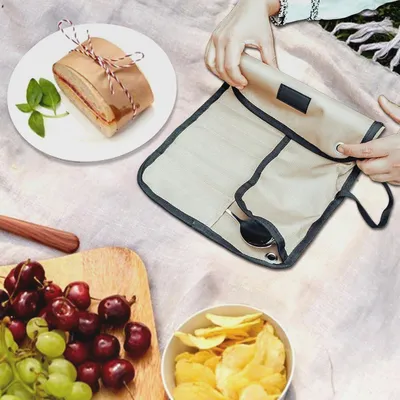 Produktbild von Canvas Utensil Organizer - Roll -Up -Besteckbeutel, 12 -Slot -Tragbeutel | Langlebiger Reisewerkzeugrolle, Mehrzweck-Picknickhalter Für Kochzubehör, Essstäbchen, Gabeln, Löffel Und Nutzung Im Freien