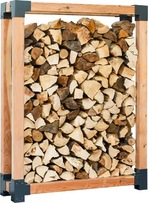 A firewood rack filled with logs, framed by wooden posts and metal connectors.