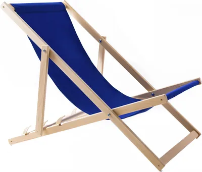 A blue fabric deck chair with a wooden frame, shown on a white background.