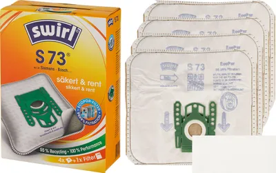 A box of Swirl S73 vacuum cleaner bags and several individual bags are displayed.