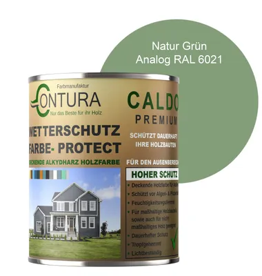 Produktbild von Contura 1Liter Wetterschutzfarbe Holz Dauerschutzfarbe Deckend Buntlack Holzfarbe Holzlasur Seidenmatt - Natur Grün - RAL 6021 Analog