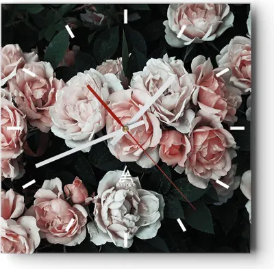 Produktbild von Wanduhr - Quadrat - Glasuhr - Rosen Blumen Blätter - 30x30cm - Schleichendes Uhrwerk - Lautlos - zum Aufhängen bereit - Dekoration Modern - Wanddekoration aus Glas - C3AC30x30-4760