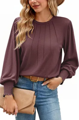 Productafbeelding van Shirt lange mouwen dames - katoen - pofmouwen - plissé - ronde hals