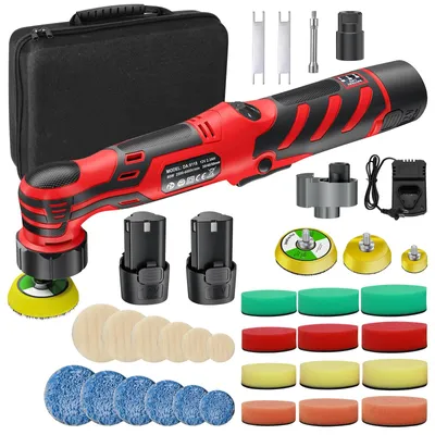 Zdjęcie produktu dla Polerka samochodowa - Mini, bezprzewodowa, 12 V, regulowana prędkość, zestaw polerowanych podkładek o średnicy 6,35 cm, kolor czerwony
