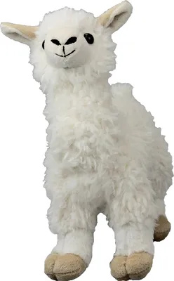 A white plush llama toy is shown standing against a white background.