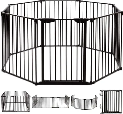 Produktbild von Kaminschutzgitter Absperrgitter Metall, Kindergitter mit Tür, Laufgitter klappbar, Feuerschutzgitter Treppenschutzgitter Hundeschutzgitter Türschutzgitter mit 8 Ecke (Schwarz)