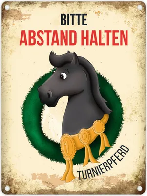 Produktbild von Metallschild mit schwarzes Pferd Motiv und Spruch: Bitte Abstand halten -