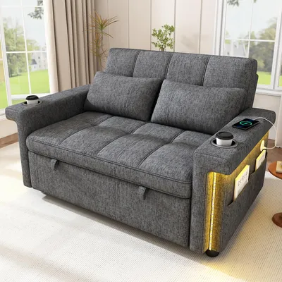Zdjęcie produktu dla Sofa rozkładana  – 145×141.5×90 cm, szara, oświetlenie LED, USB‑C, 3‑stopniowa regulacja oparcia, funkcja spania