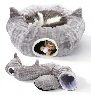 Image de Tunnel pour chat 2 en 1 avec couchage et jouets, taille XXL, gris, coussin lavable, pliable