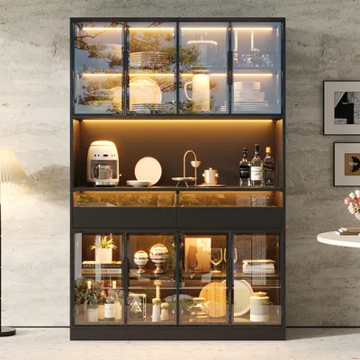 Produktbild von Flieks Vitrine mit LED-Beleuchtung, Glasvitrine mit 8 Türen & 2 Schubladen, Offenem Fach, VitrinenschrankBuffetschrankBarschrank 120x40x180cm, Schwarz