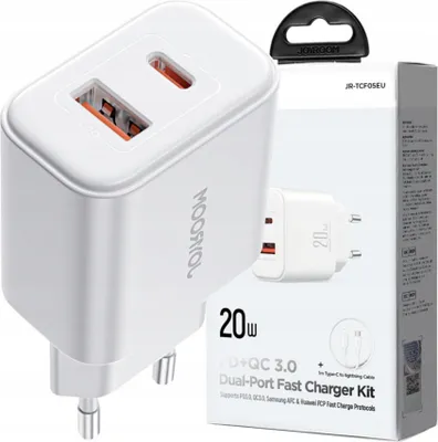 Image de 20W Usb-C / Usb-A Joyroom Jr-Tcf05 Chargeur rapide à double port - Blanc + câble Usb-C - Lightning 1M
