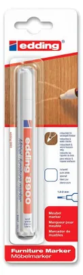 A product package for an Edding furniture marker, showing the marker inside its packaging and some marketing graphics.