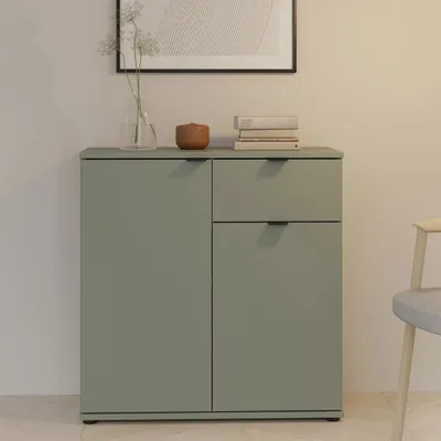 Produktbild von Forte GANYMEDE Kommode 80, minimalistische Kommode, 2-türig, 1 Schublade, Holzwerkstoff, Wohn-/Schlafzimmer, Salbei, 80,1 cm breit x 82,3 cm hoch x 34,1 cm tief