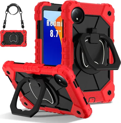 Image de Etui pour Xiaomi Redmi Pad SE 8.7" 4G 2024 étui de protection durable et portable avec support, dragonne et bandoulière rouge noir