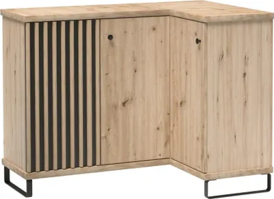 A corner cabinet with a slatted door and two solid doors, standing on black metal legs.