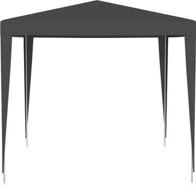A dark gray party tent with four legs is shown against a white background.