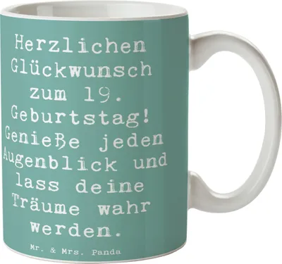 Produktbild von Mr. & Mrs. Panda Kaffeebecher Spruch 19. Geburtstag Freude - Meeresbrise - Geschenk, Keramikbecher, Lebensjahr, Kaffeepott, besonderer Anlass, Träume wahr werden, Tasse