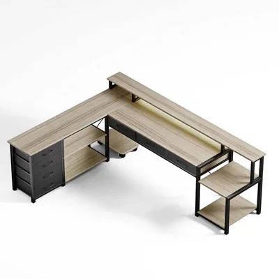 Immagine prodotto di AIORBER Scrivania angolare a forma di L con cassetti, prese elettriche e USB, supporto per monitor, illuminazione a LED, reversibile 200×146 cm, beige