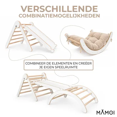 Productafbeelding van MAMOI® Leesframe, leeshoek, binnenruimte, 4-in-1 set. Montessori klimboog met kussentjes, binnenspeelruimte voor kinderen van 1-3 jaar en een glijbaan.