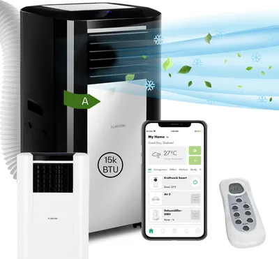 Produktbild von Klarstein Klimaanlage, 5-in-1 Mobiles Klimagerät, Luftentfeuchter, Ventilator, Nachtmodus, Antibakterieller Luftreiniger, Sehr Leise & Mobile Klimaanlage mit Abluftschlauch, 15000 BTU, Pechschwarz