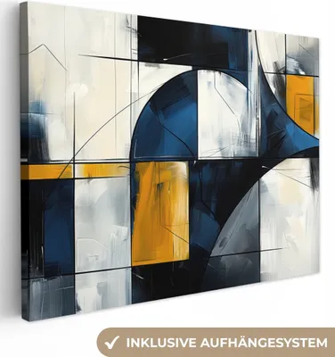 Produktbild von MuchoWow® - Leinwandbilder - Abstrakt - Formen - Gold - Blau - Geometrisch, Wandbild, Wanddeko Bilder Wohnzimmer, 120x90 cm