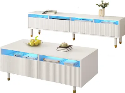 Produktbild von TV-Möbel und Couchtisch-Set mit 4 Schranktüren und 2 Schubladen,  gewellten Acrylfronten, LED-Beleuchtung, Weiß mit Gold-Design
