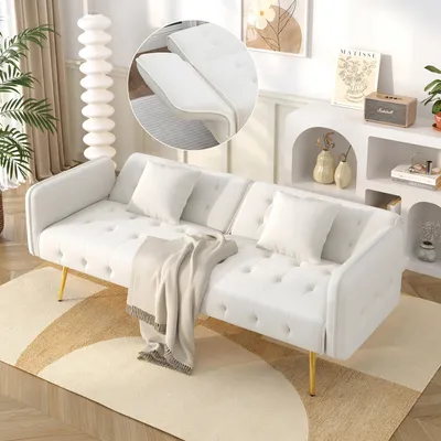 Produktbild von Fortuna Lai Zweisitzer-Multifunktions-Sofabett mit Bettfunktion, verstellbarer Rückenlehne + mehrstelligen Armlehnen. Modernes Faltsofabett für Wohnzimmer - Veloursbezug. Großzügiger Schlafbereich