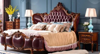Image de Elégant lit rembourré en bois massif marron Lit double classique