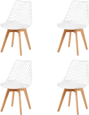 Image de H.J WeDoo set de 4 chaises de salle à manger avec coque en plastique, dossier en maille et chevilles Eiffel en bois, blanc