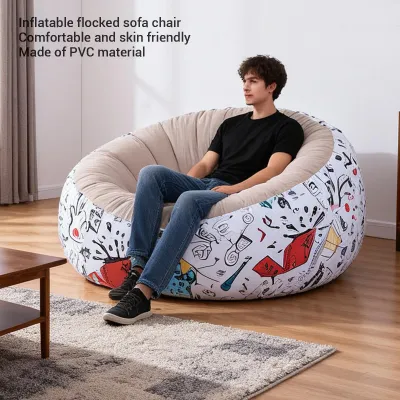 Zdjęcie produktu dla Puf BeanBag wzór Doodle XL 120 x 70 cm biały, pokryty PVC, flokowany nadmuchiwany fotel do salonu i sypialni