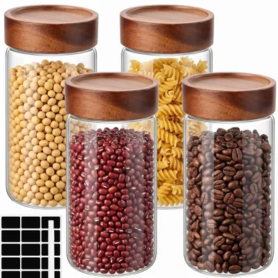 Produktbild von Luftdichte Glasbehälter – 4 Stück, 550 ml, mit Holzdeckel