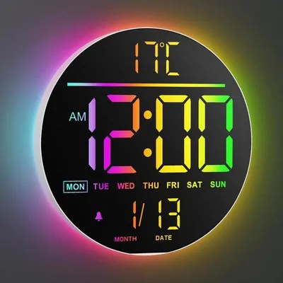 Obrázek produktu pro Digitální nástěnné hodiny s dálkovým ovládáním, 10palcové kulaté hodiny, 8 barev RGB, moderní LED displej, automatické nastavení jasu, letní čas, teplota, budík do obývacího pokoje, ložnice, kuchyně