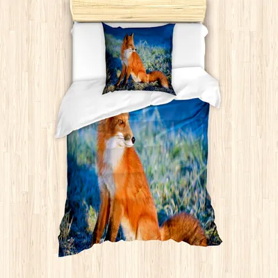 Produktbild von ABAKUHAUS Fuchs Mantele, Serene Kalter Herbst Feld, Milbensicher Allergiker geeignet mit Kissenbezügen, 135 cm x 200 cm - 80 x 80 cm, Blau Weiß Orange