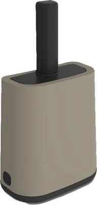A 3D render of a tan and black pet waste shovel with a holder.
