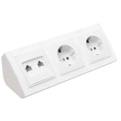 Produktbild von Ecksteckdose 3-fach Steckdose 2xRJ45 Steckdosenblock 45° Verteilerdose weiß.