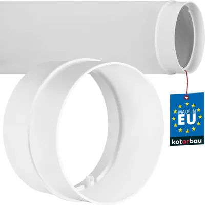 A white ventilation pipe connector and a tag indicating it is made in the EU.