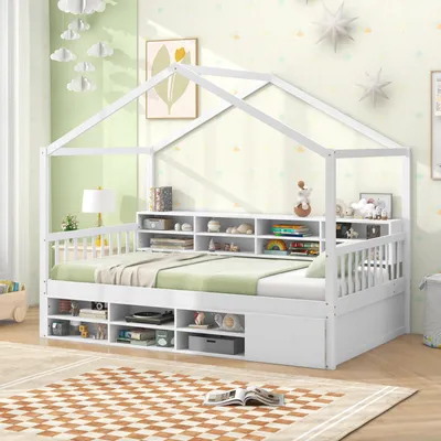 Zdjęcie produktu dla Łóżko COSTWAY 90x200cm, łóżko dziecięce z zabezpieczeniem przed wypadnięciem, 14 komór, zintegrowana szafa i stelaż z listew, łóżko młodzieżowe do 200 kg, dla dzieci Biały