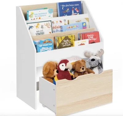 Immagine prodotto di Libreria per bambini con 3 ripiani e contenitore estraibile – Bianco e effetto rovere – 62 x 30 x 70 cm