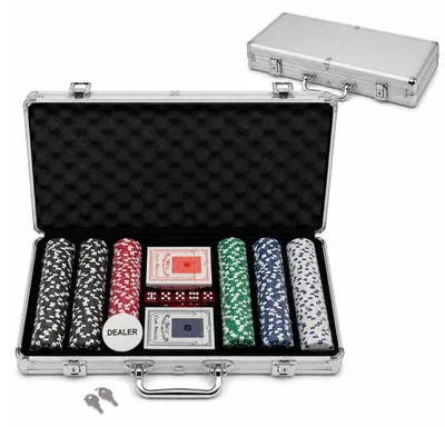 Produktbild von Poker-Set, Poker-Koffer: 300 Pokerchips, 2 Kartenspiele, 5 Würfel, Dealer-Button, Poker-Set in einem grauen Metallkoffer