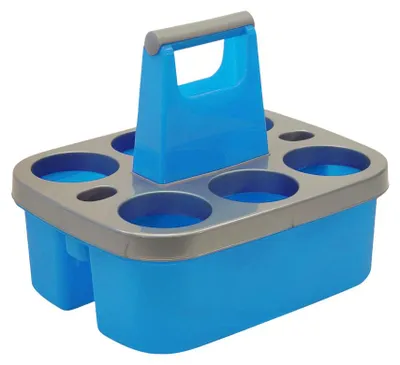 A blue plastic bottle carrier with a gray handle and rim, shown from a diagonal angle against a white background.
